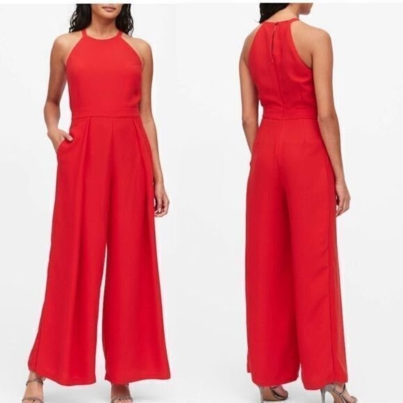 Banana Republic Pants - Banana Republic red halter neck wide leg pleated jumpsuit size 6